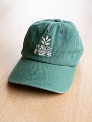 Grön keps från P&Co - Säljer en grön keps från P&Co med vit broderad logga framtill som föreställer en kruka med växt. Kepsen har böjd skärm, justerbart spänne bak och är tillverkad i bomull. Perfekt för dig som gillar stilrena accessoarer med unik detalj.