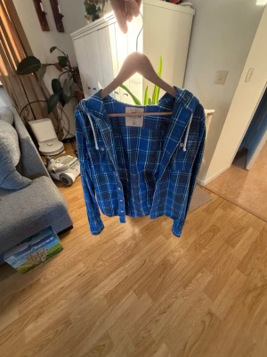 Blå rutig skjorta med huva från hollister  - Säljer en blå rutig skjorta från hollister  med vit snörning i huvan och knappar framtill. Skjortan har lång ärm och en avslappnad passform, perfekt för en chill look. Materialet känns mjukt och bekvämt, troligen bomull. Snygg detalj med huva och fickor på bröstet.