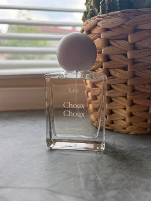 Liis Choux Choux Eau de Parfum - Elegant parfymflaska från Liis med doften Choux Choux. Flaskan är genomskinlig och fyrkantig med en rund, matt ljusgrå kork. Minimalistisk design med vit text på framsidan. Perfekt för dig som gillar stilrena och moderna parfymer. Endast testad 