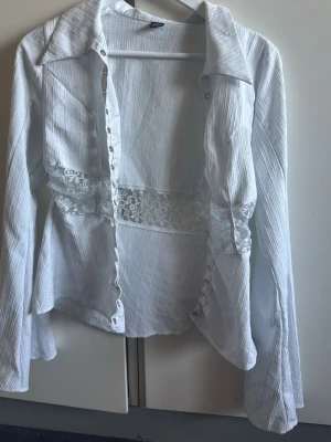 Vit skjorta med spetsdetalj - Säljer en vit långärmad skjorta med snygga spetsdetaljer runt midjan. Skjortan har en klassisk krage, knäppning framtill och är tillverkad i ett lätt, strukturerat tyg. Perfekt för dig som gillar en stilren look med en twist.