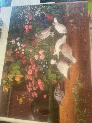 Stort pussel med duvor och blommor - Säljer ett stort pussel med motiv av vita duvor bland färgglada blommor i en trädgårdsmiljö. Pusslet har många bitar och motivet innehåller rosa, röda, blå och vita blommor samt gröna blad. Perfekt för dig som gillar naturmotiv och pyssel.