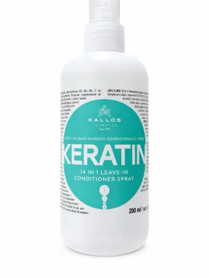Kallos Keratin Leave-In Conditioner - Kallos Keratin 14 in 1 leave-in conditioner spray är en hårvårdsprodukt i en vit plastflaska med turkos etikett. Innehåller keratin, kokosolja, avokadoolja och flera vitaminer. Sprayen är vegansk, fri från parabener och ej testad på djur. Volym: 200 ml.