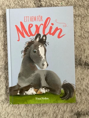 Ett hem för Merlin av Tina Nolan - En charmig barnbok med hårda pärmar och ett gulligt omslag som visar en tecknad häst. Boken har ljusblå bakgrund och titeln i röd text. Perfekt för dig som gillar djur och äventyr.
