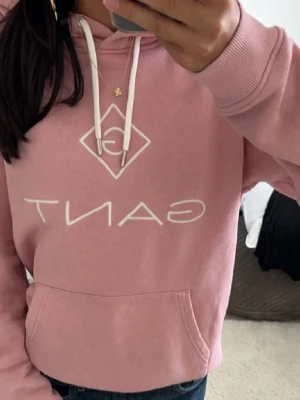Rosa hoodie från GANT - Säljer en rosa hoodie från GANT med vit broderad logga. Hoodien har en klassisk känguruficka framtill och ribbade muddar vid ärmslut och nederkant. Perfekt för en avslappnad och trendig look. Första bilden är inte min. Storlek S-XS.