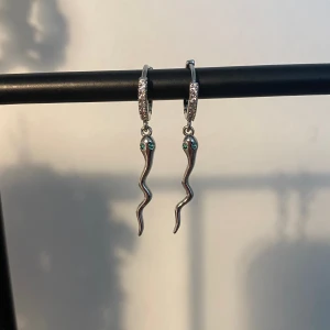 Glittrey snakes - Coola örhängen med glittriga creoler och en orm berlock med gröna stenar som ögon. Perfekt för att ha som en extra cool touch vid layering av örhängen💚 endast 1 par! delvis rostfri