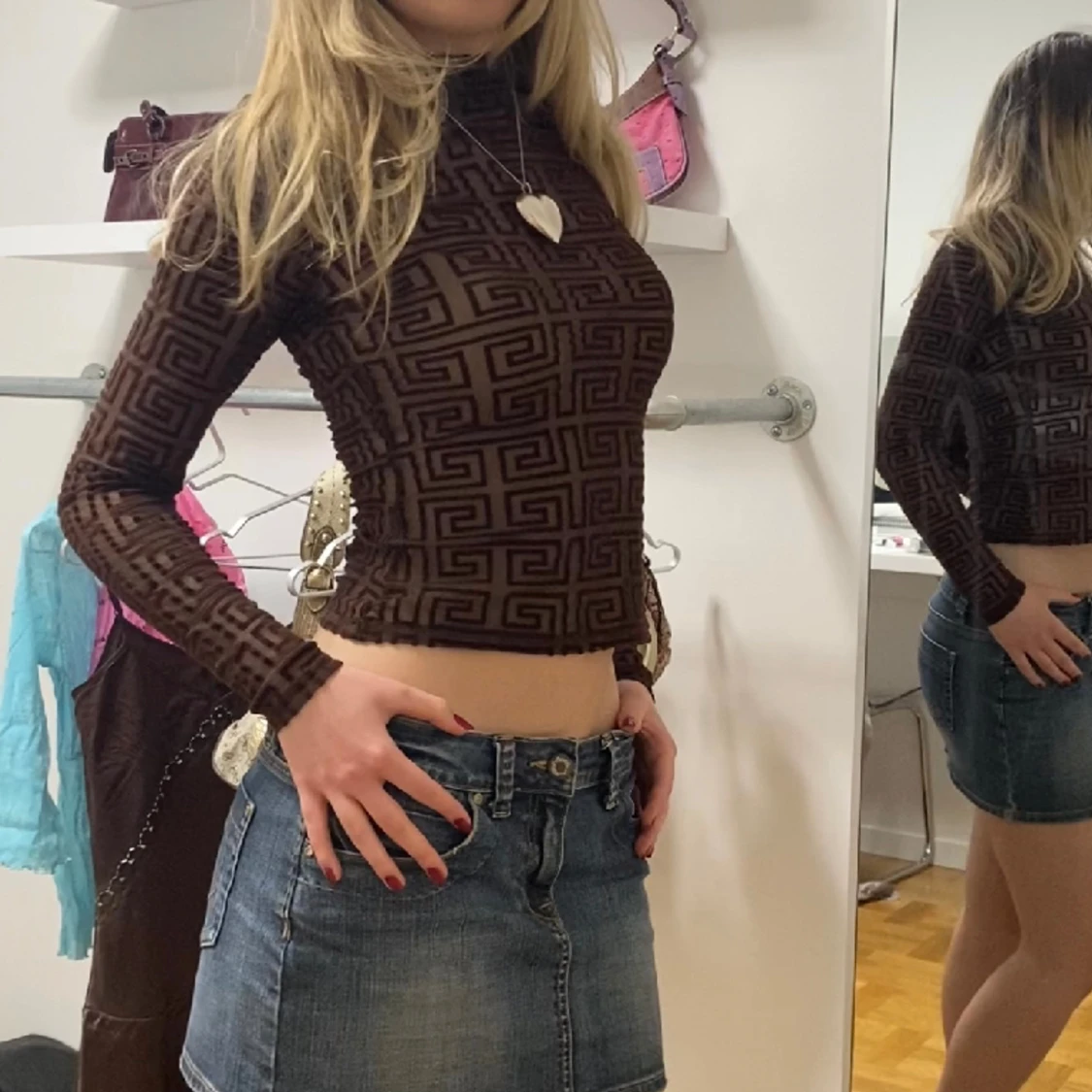 Mörkbrun halvpolo i mesh - 90