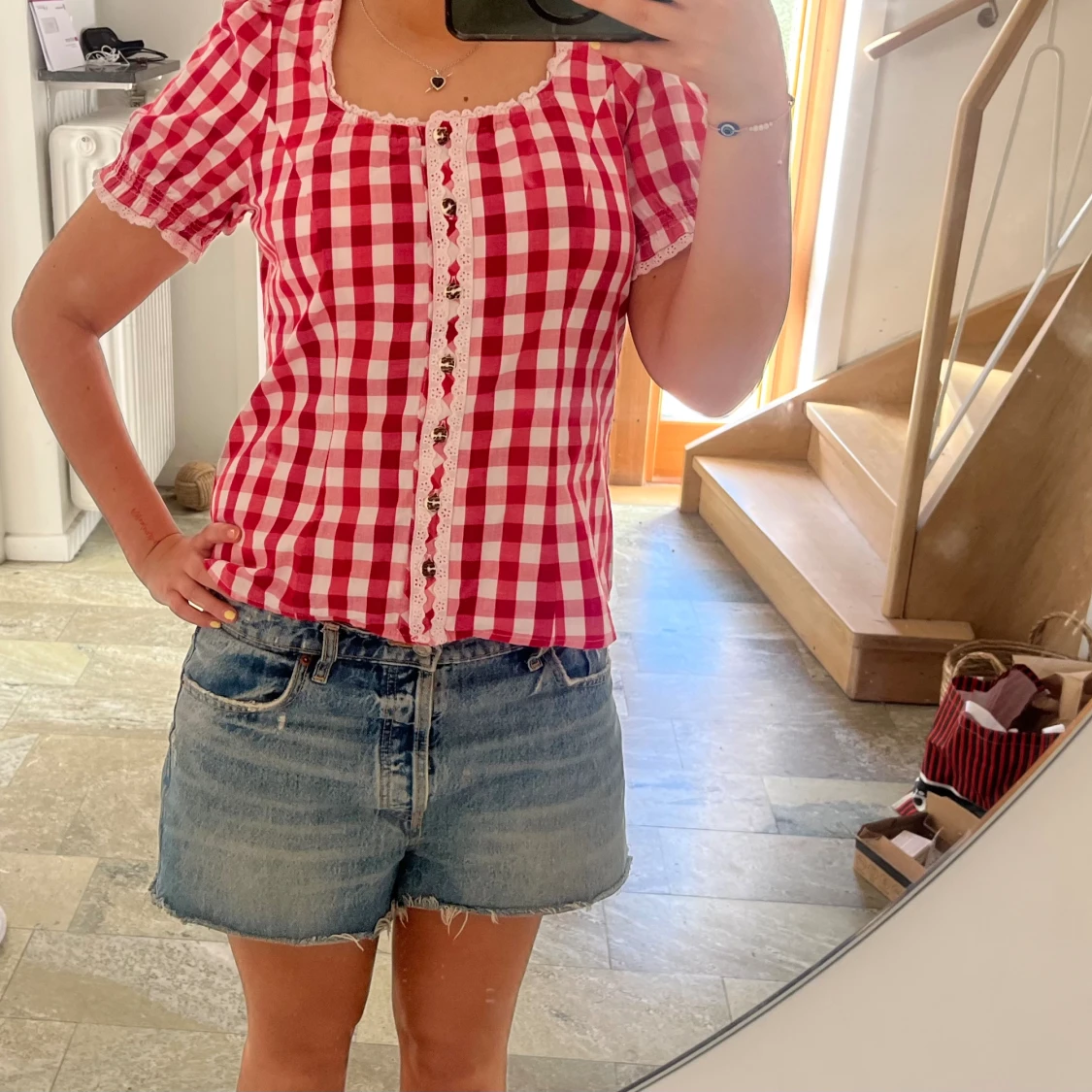 Röd rutig topp - 90
