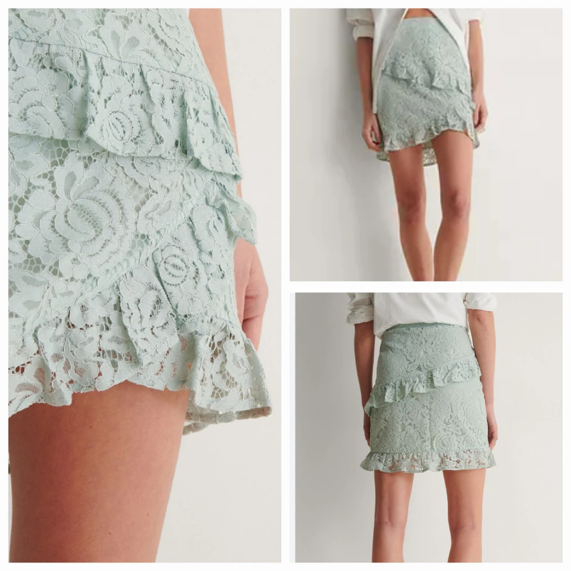 NA-KD Mintgrön, ljusgrön spetskjol med volanger strl 34  - 91