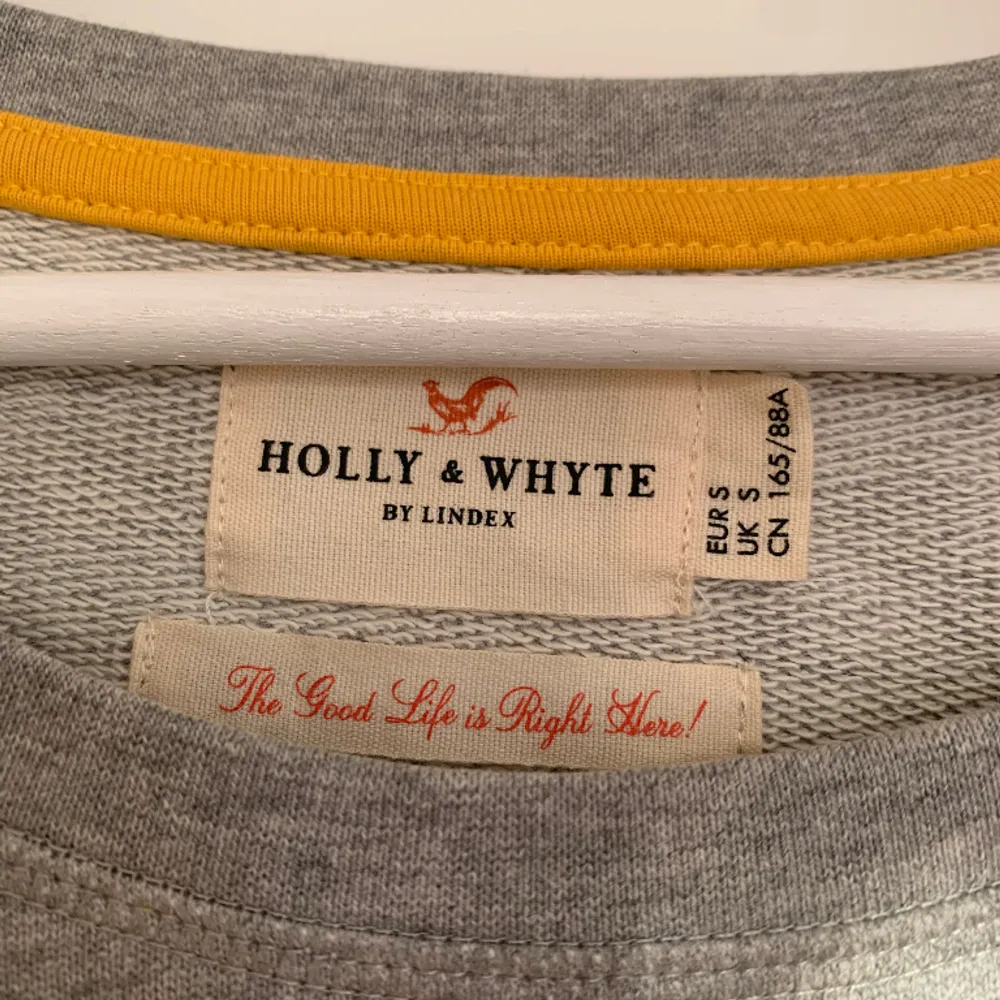 Ljusgrå collegetröja från Holly & White (Lindex) i storlek S. Trycket är gult av paljetter. Tröjan ska inte ha några hål eller fläckar och är i bra skick.. Hoodies.