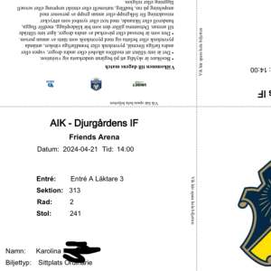 Hej! Säljer två st biljetter till AIK-djurgården den 21 april! Derbyt! 