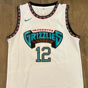 Vancouver Grizzlies basketlinne - Säljer ett Vancouver Grizzlies basketlinne från Nike i storlek herr M. Linnet är vitt med turkosa och svarta detaljer. Det har nummer 12 på framsidan och baksidan, samt namnet 'Morant' på baksidan. Det är i nyskick och har en cool design med mönstrade kanter.