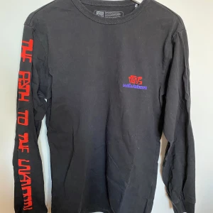 Vans Tröja - En svart långärmad Vans t-shirt med tryck på ena armen och ryggen.  I använt/fint skick. Se bild 4, det är det enda annars fint skick.  Säljes nytnättad! KÖPAREN STÅR FÖR FRAKTEN⚠️