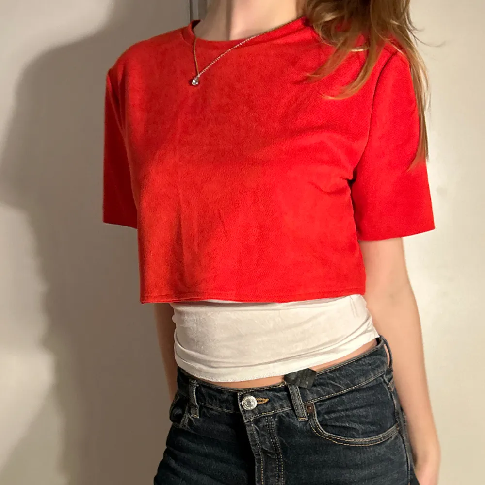 Croppad röd t-shirt i bra skick från Zara! Modellen har vanligtvis storlek S . T-shirts.