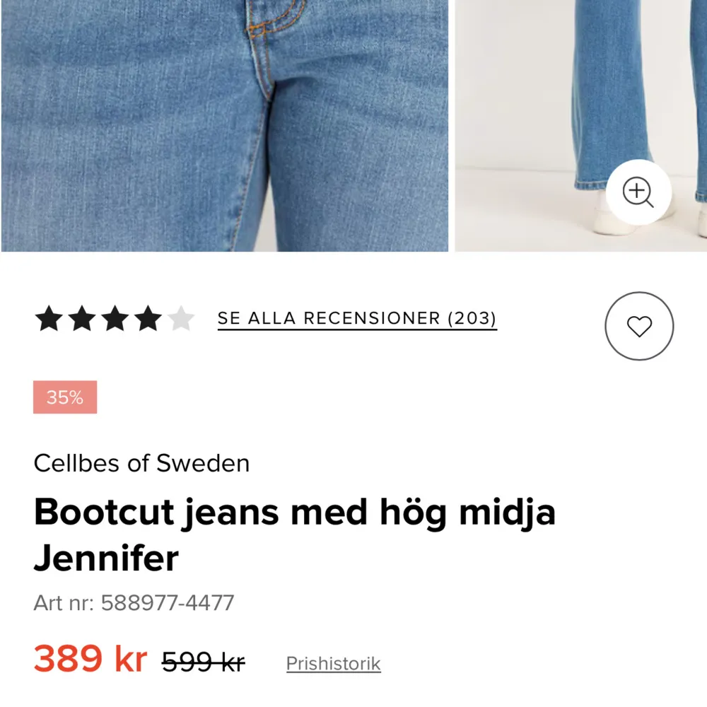 Hej! Säljer även dessa jeans från märket ”Cellbes” eftersom att de inte kommer till användning. Byxorna är bra längd på mig som är ca 177cm. Jeansen är köpta i januari för 599kr, men säljer för 200kr inkl frakt.☺️de är i storlek S men passar nog M. Jeans & Byxor.