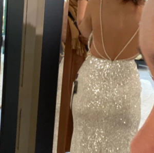 Prom Dress - Har aldrig använt klänningen (prislappen är kvar). Jag har inte sytt in klänningen så den kan anpassas till din rätta storlek. Den är champagne färgad och glittrig, med en slit och en jätte fin öppen rygg. Kostede 4900kr tidigare, men säljer för 3500