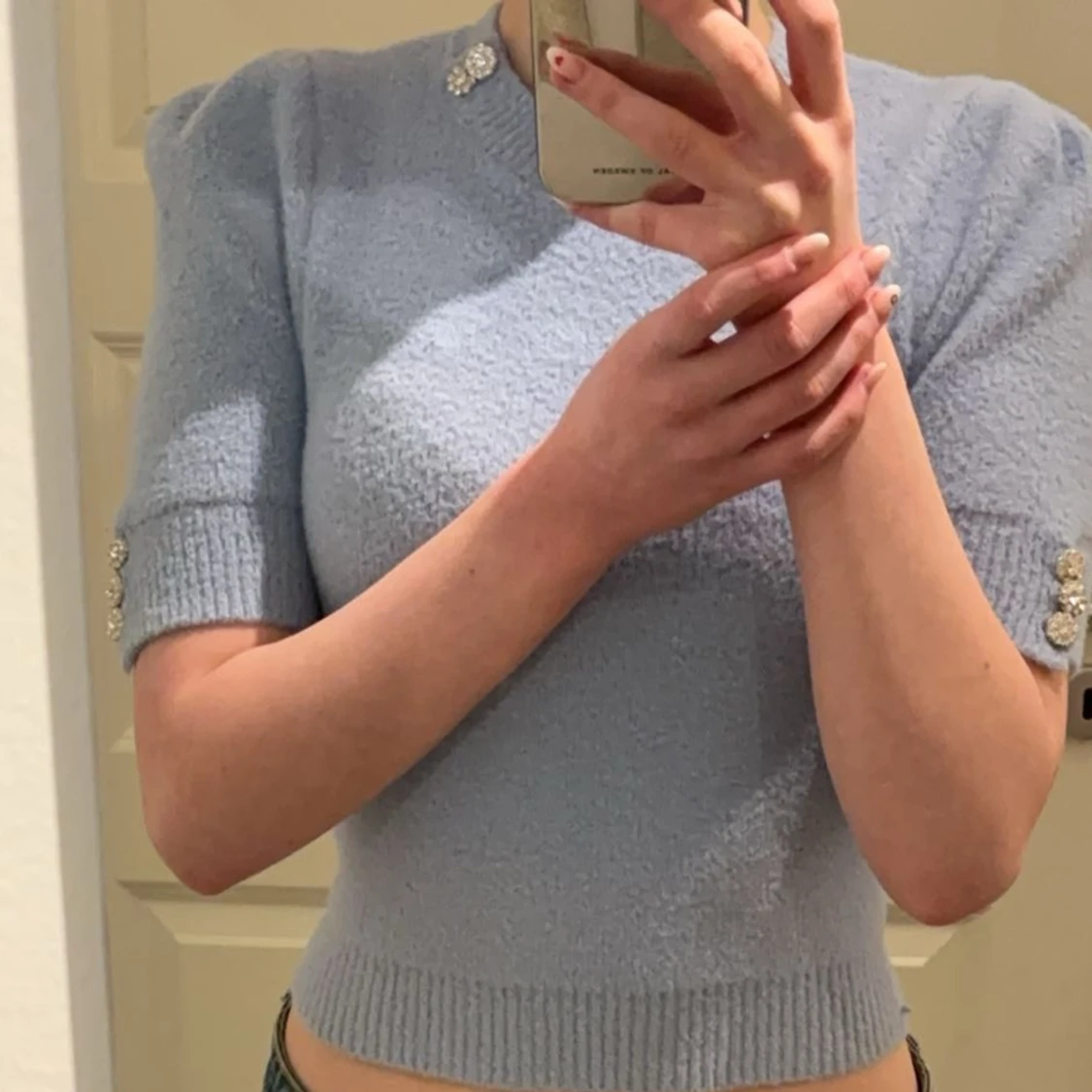 Stickad blå tröja med glitterkavaj, storlek S, helt oanvänd endast provad