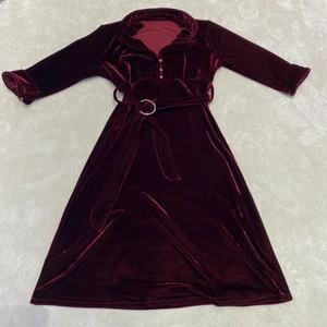 Vin röd sammet klänning. - En vin röd sammet klänning med fina detaljer. Andvänd ca 2-3 gånger. Längd 97cm brädd i midjan går att justera men ca 38cm arm längd 39cm.