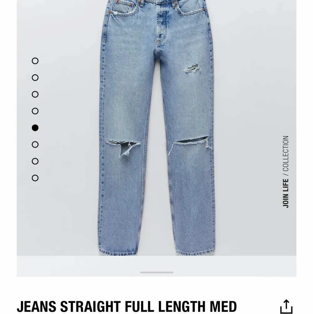 Jättesnygga jeans med slitningar från Zara🤩 De är helt nya med prislappen kvar! Säljer för att de var för stora för mig💗                                                                      OBS andra bilden är inte min. Skriv privat ifall ni vill ha bild på byxorna. Jeans & Byxor.