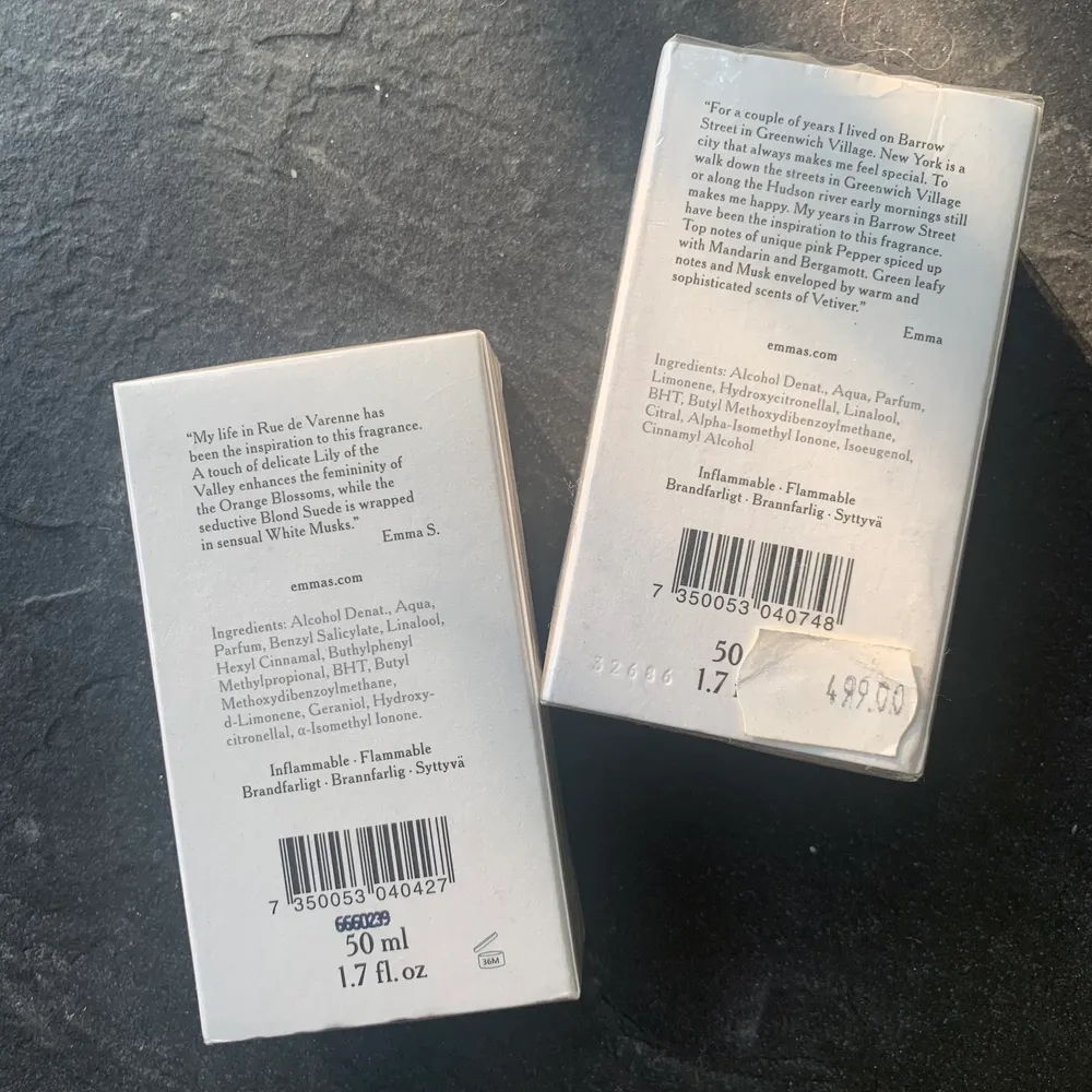 Två parfymer från Emma S. (Rue de Varenne & Barrow Street). Oöppnade med plast på men kom aldrig till användning. Ordinarie pris. 499kr/st                                      men säljer för 250kr/st eller båda för 450kr . Övrigt.