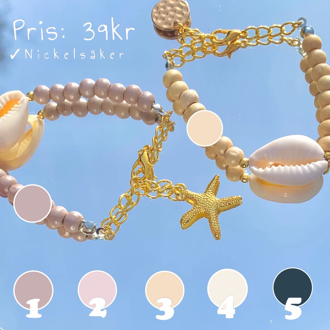 Snäckskals-armband m. träpärlor  - 90