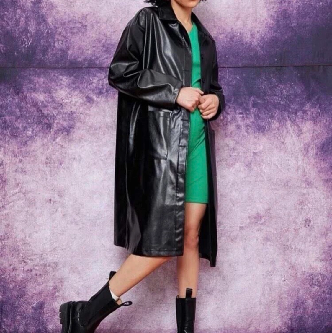 Imiteret læder jakke lang xs sort - 90