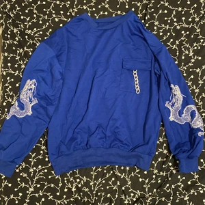 Blå tröja med fina detaljer - Blå tröja med fina detaljer på armarna och en ficka med kedja där fram, använd max 5 gånger men är i bra skick. Köpare står för frakt. Skriv privat om du har någon fråga❤️