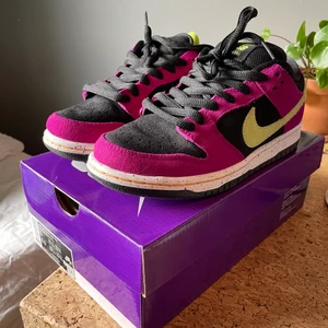 NIKE SB DUNK LOW - Nästan helt oanvända Nike SB dunk, raffle från sns för bara 1-2 månader sedan. Använda 1-2 ggr. Skolåda finns om det önskas, ingår även ett par limegröna skosnören.