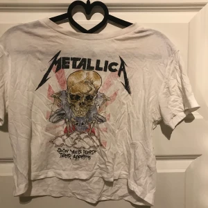 Metallica croptop  - En vit croptop med Metallica motiv på, originellt från h&m, lös passform storlek xs/s