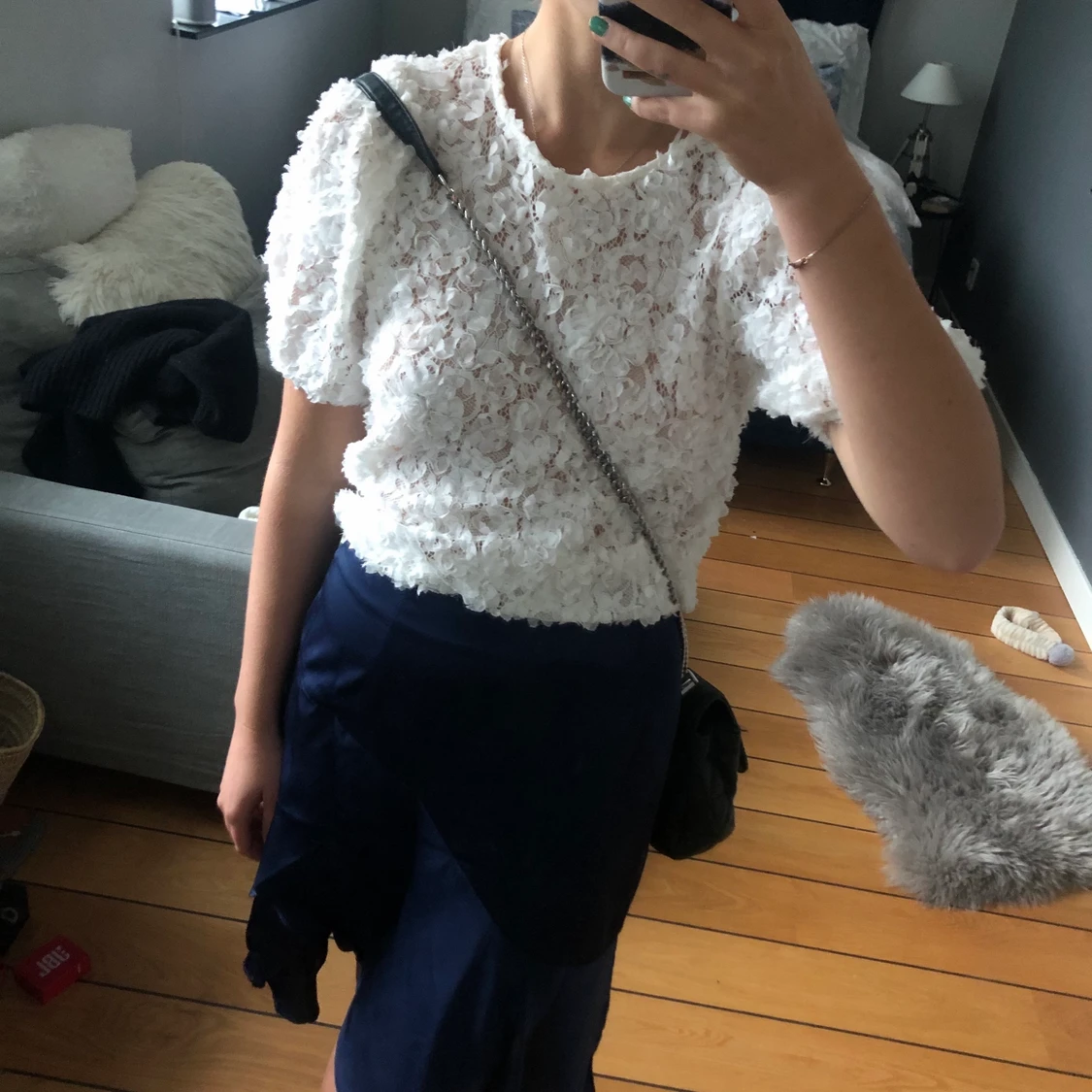 Blommspetsig tröja, marinblå midi kjol - 90