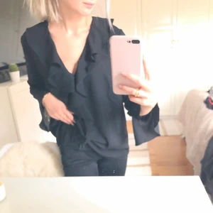 Svart blus - Säljer superfin svart blus från Mingel, storlek M (är vanligtvis xs som referens) Fina volanger fram och vid armarna. Fint skick och inget tecken på användning🤎 säljer för att jag aldrig använder. Originalpris ca 500kr men pris diskuteras så kom privat, budgivning gäller