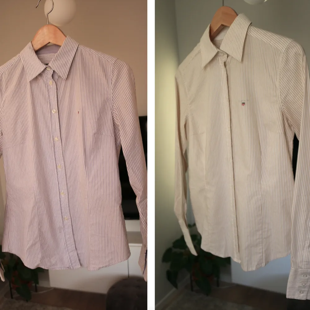 89kr för båda! Två superfina Gant skjortor, mycket sparsamt använda, samma modell men med beige och lila ränder (se bilder)  Passar storlek S / 36. Något stretchiga i tyget och slim-fit i modellen.. Skjortor.
