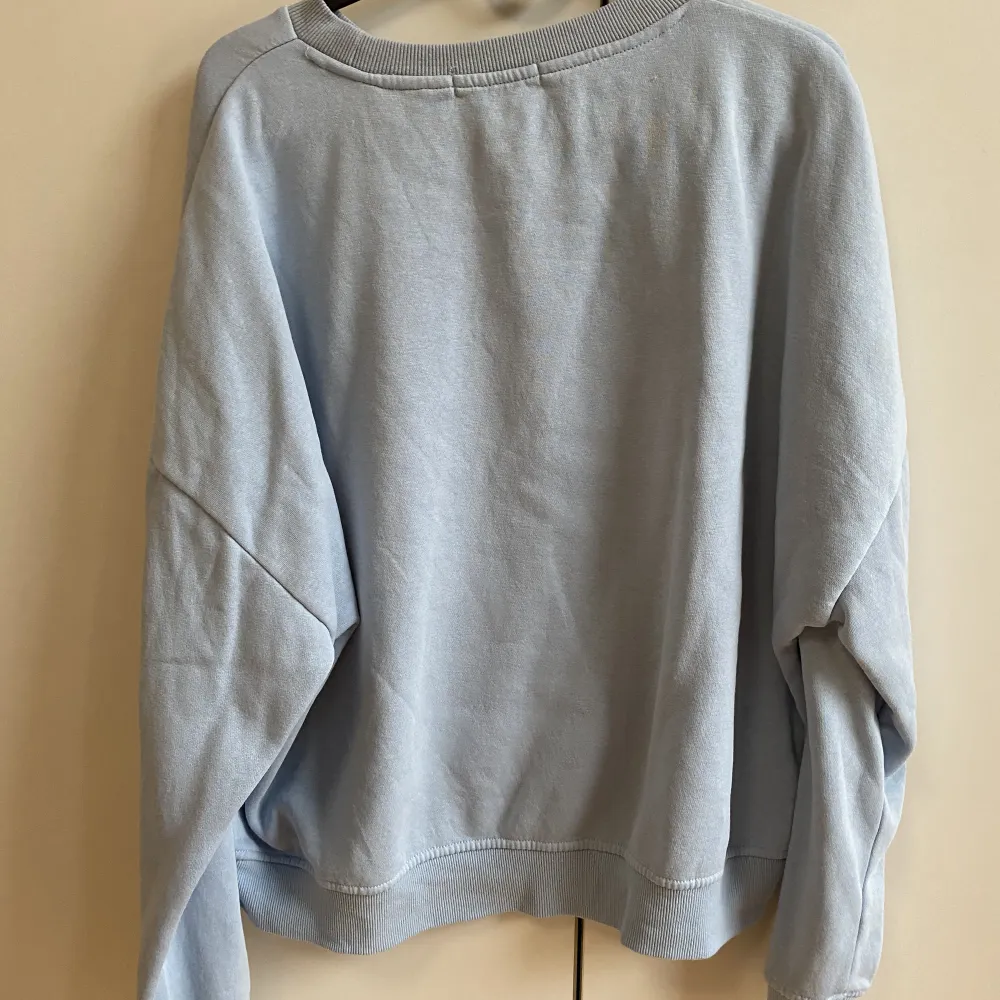 En ljusblå sweatshirt med tryck på framsidan. Använd ett fåtal gånger så den är som ny! Liten i storleken, brukar ha M/L i hoodien (gillar dom lite större) och denna är i XL. . Hoodies.