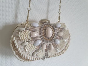 clutch väska River Island festväska - Jättefin fest clutch i beiga färger, från River Island. Dekorerad med stenar och paljetter. Aldrig använd ny med lappar.