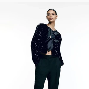 Helt ny paljettklädd svart topp från HM - Säljer denna superfina svarta paljett koftan, helt ny med prislappen kvar. Den är perfekt för tex nyår och glittrar jättemycket i verkligheten. Kan även bäras som en topp med rosetterna på ryggen. Säljer pga returtiden gått ut. Har även i XS på min sida.