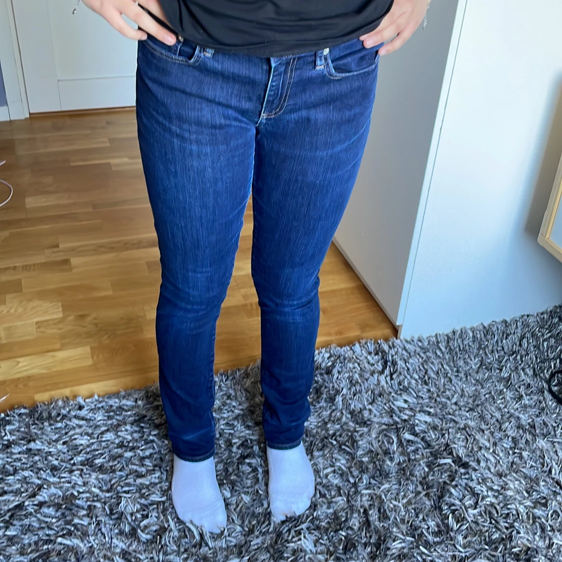 Mörkblåa långmidjade skinny jeans - 91