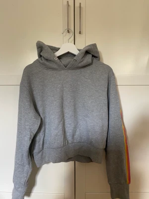 Grå hoodie med färgränder - Fin grå hoodie med färgglada ränder på ärmarna. Knappt använd! Cropad modell men sitter fint på!