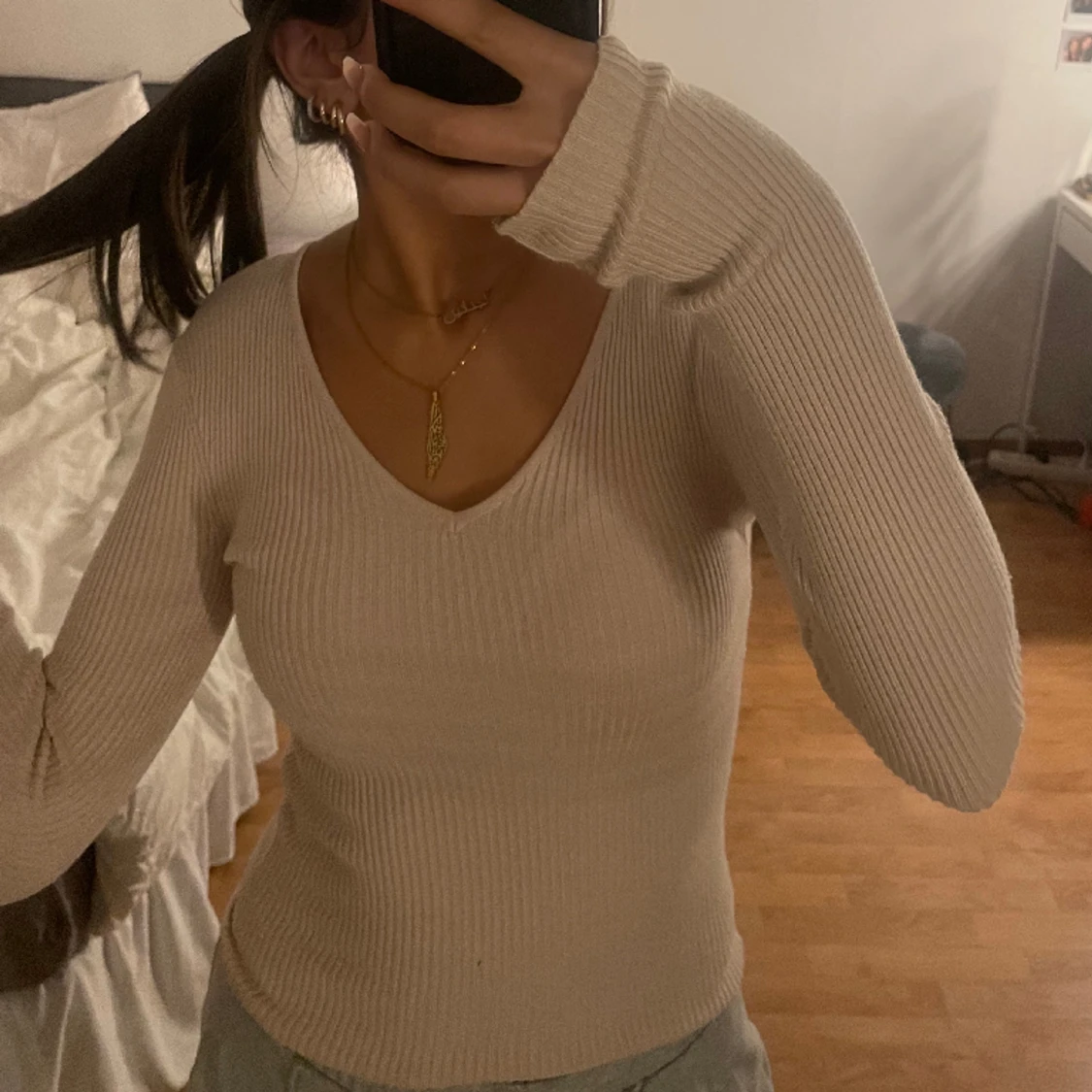 Beige ribbad topp - 91
