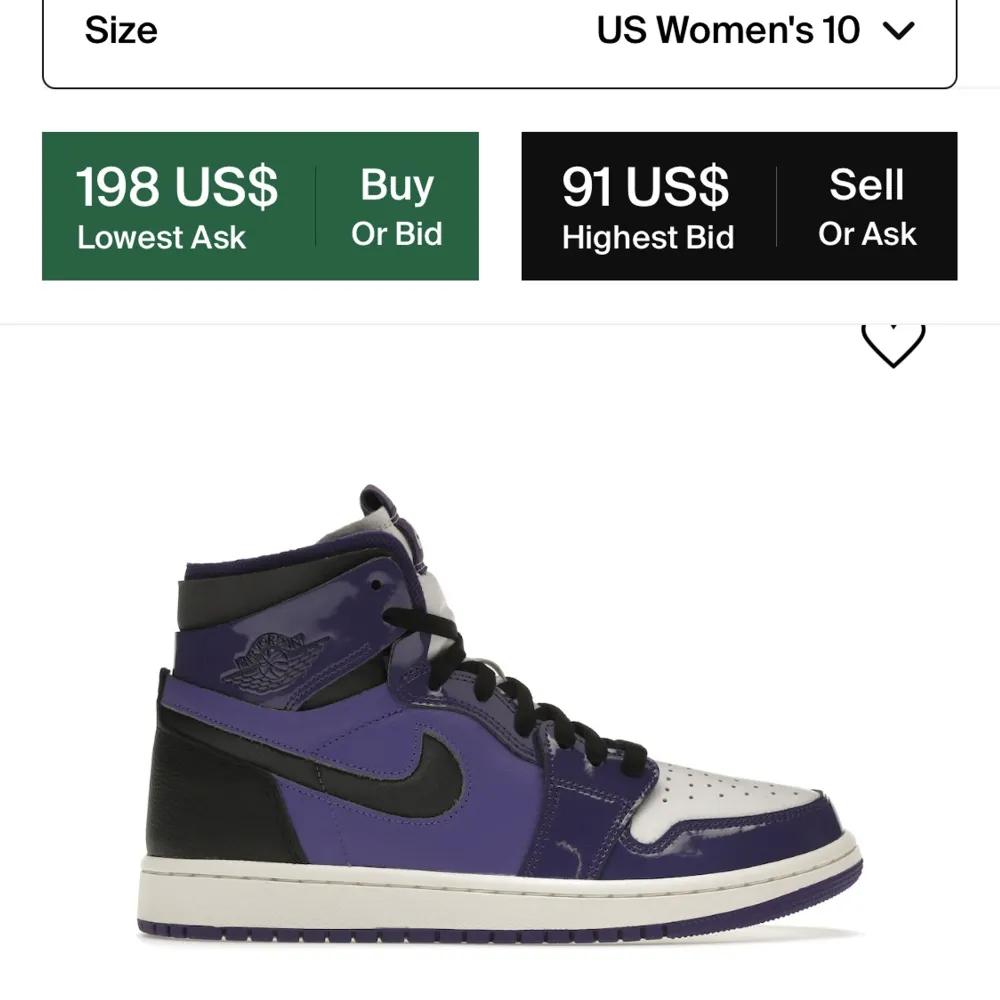 Jordan 1 high zoom air CMFT (purple patent). Köpt för 1 år sen då Nike släppte skorna. Storlek 44. Nypris: 2000kr (198 dollar). Mitt pris: 800kr :). Skor.
