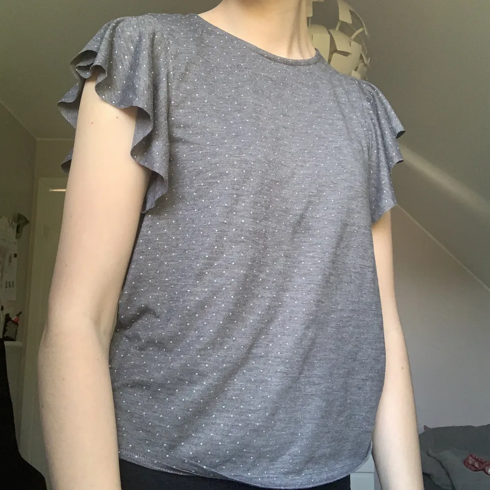 Säljer nu denna söta gråa T-shirt med prickar på och lite volang vid axlarna. Fint skick och gratis frakt om man använder ”köp nu” idag (4 juni 2023) 💕. T-paidat.