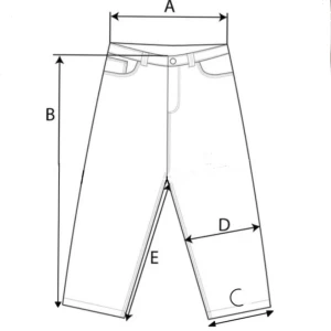 Måtthänvisning - A=midjemått B=ytterbenslängd C=benöppning D=1/2 knä E=innerbenslängd