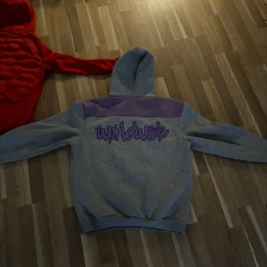 Grå och lila hoodie med text - Snygg grå hoodie med lila detaljer och texten 'worldwide' på ryggen. Perfekt för en avslappnad stil med en stor huva och långa ärmar. Mjuk och bekväm för vardagsbruk.