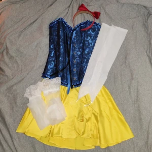 Snövit halloween kostym - Helt oanvänd halloween kostym i xs. Säljer då den inte passade så bra.  Kostymen innehåller en korset i sx, en gul skjol i xs, ett röt hårband, vita handskar och vita strumpbyxor med spets!