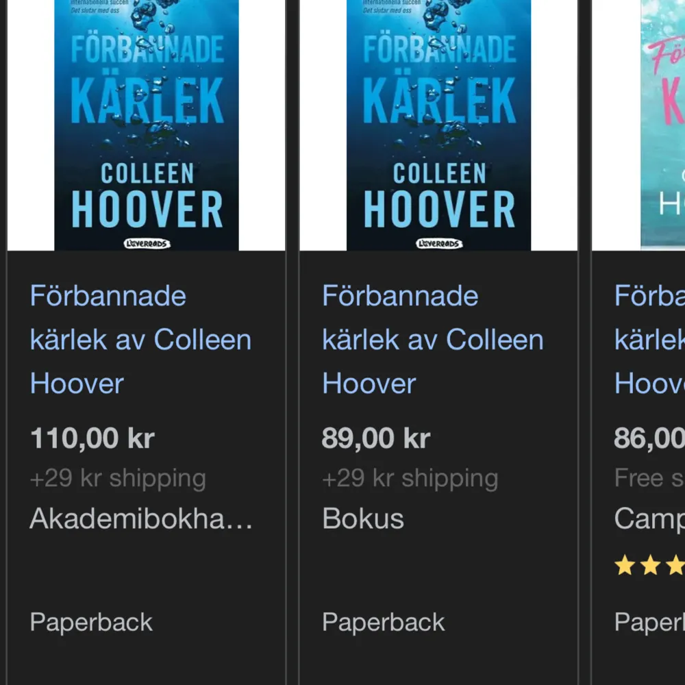 Förbannade kärlek av Colleen Hoover. Den är på svenska men heter Ugly love på engelska. Jag inte läst, ny och bra skick. Accessoarer.