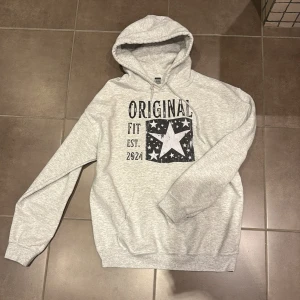 Grå hoodie med stjärntryck - Grå hoodie med tryck av en stor stjärna och texten 'ORIGINAL FIT EST. 2024'. Tröjan är ifrån SCNDI.store. Storlek M, PRISET ÄR FAST!!!
