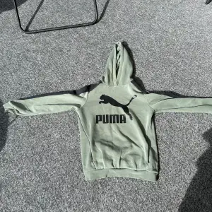 Säljer en snygg grön hoodie från Puma. Den har en stor logga på framsidan och är perfekt för både vardag och träning. Hoodien är i bra skick och har en skön passform med långa ärmar och en praktisk huva. Perfekt för höst och vår!