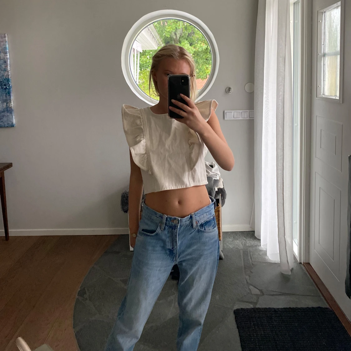 Jeans top med volang 