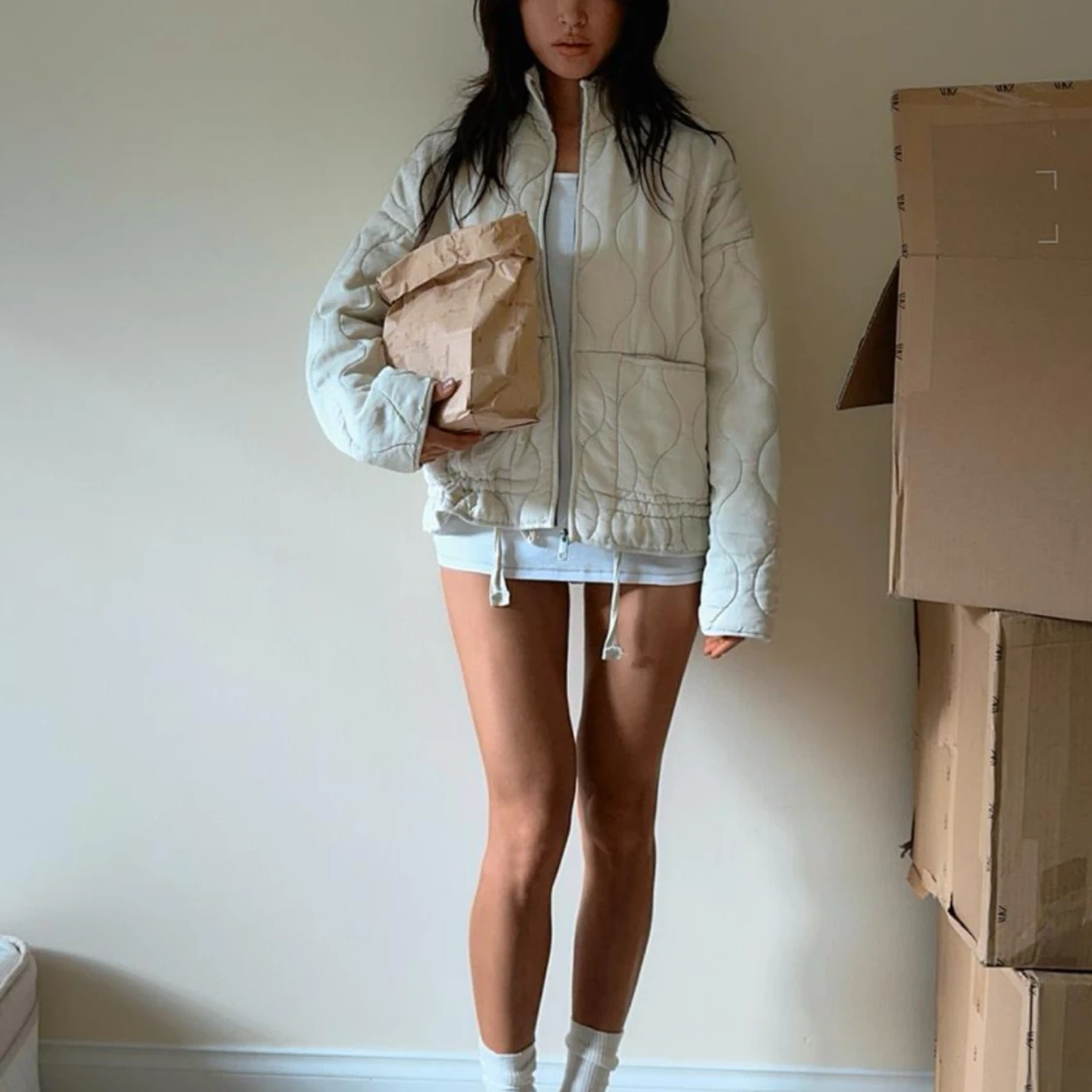 Beige/naturfärg quiltad jacka - 90