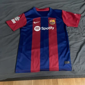 FC Barcelona fotbollströja - Snygg FC Barcelona fotbollströja från Nike med klassiska rödblå ränder. Tröjan har korta ärmar och klubbens emblem på bröstet. Perfekt för alla Barça-fans!
