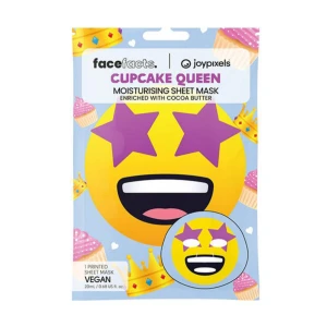 Cupcake Queen Moisturising Sheet Mask - Fuktgivande sheet mask med kakaosmör från Face Facts i samarbete med Joypixels. Masken är vegansk och har ett roligt emoji-tryck med stjärnögon. Perfekt för en återfuktande och uppfriskande ansiktsbehandling hemma.