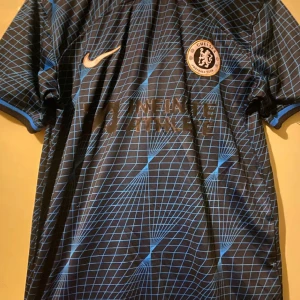 Blå och svart Chelsea fotbollströja från Nike - Snygg Chelsea fotbollströja i blått och svart med ett coolt rutmönster. Tröjan har korta ärmar och klubbens emblem på bröstet. Perfekt för fans som vill visa sitt stöd på matchdagar! 💙⚽